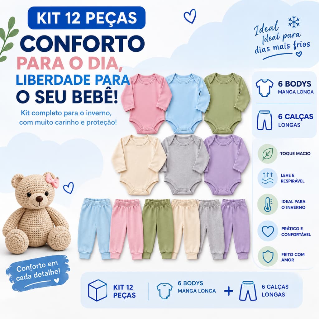 Kit 12 peças para bebê body+ calça masculino e feminino enxoval completo neném.