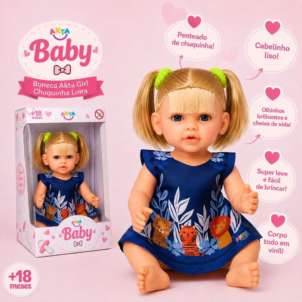 Boneca Bebê Chuquinha Loira Reborn Articulada 32cm Toda Vinil Com Acessórios - Envio Imediato -