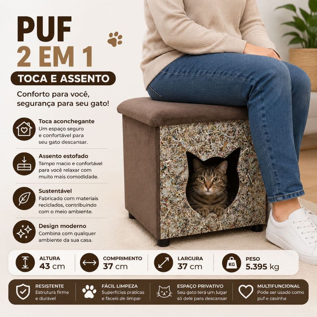 Puf 2 em 1 Toca para Gato e Assento Pet | Casinha para Gato Cama Pet Nicho Confortável