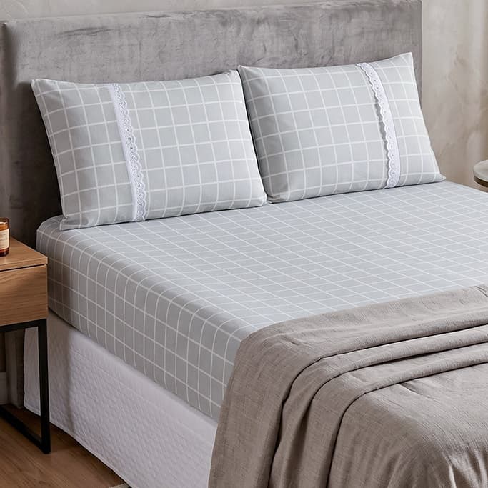 Jogo Lençol Cama Casal 3 Peças 100% Algodão Malha com Elástico 2 Fronhas Zíper Quadriculado Cama Premium