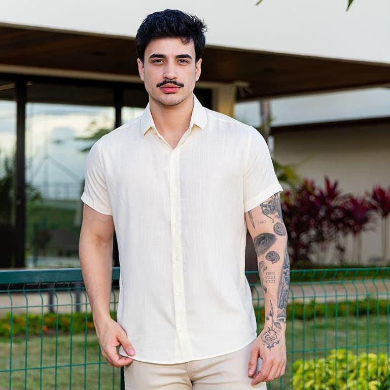 Camisa Social Masculina Manga Curta Slim Fit Linho Leve Luxo