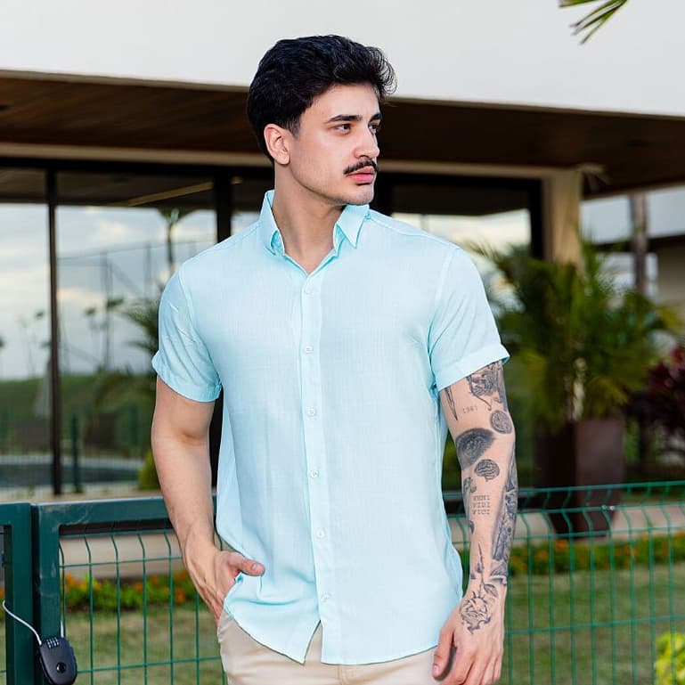 Camisa Social Masculina Manga Curta Slim Fit Viscose Linho