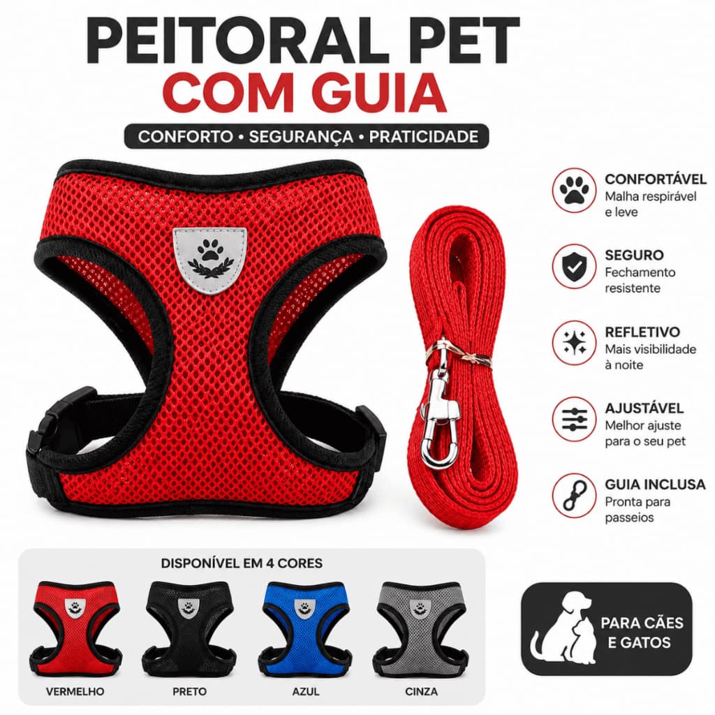 Coleira Peitoral Pet Cachorro Gato Refletivo Ajustável + Guia