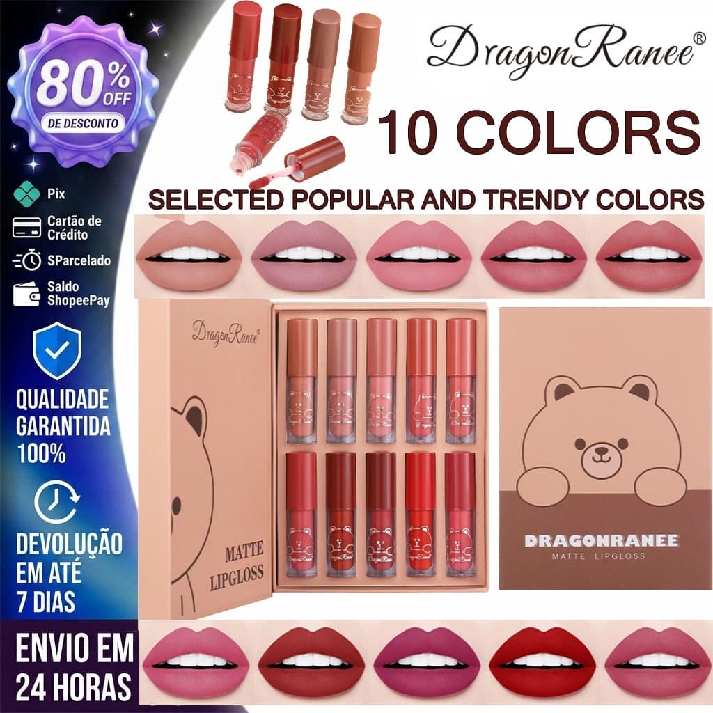 Conjunto de Gloss Labial Matte Perolado em 10 Cores - Batom Líquido que Não Gruda no Copo