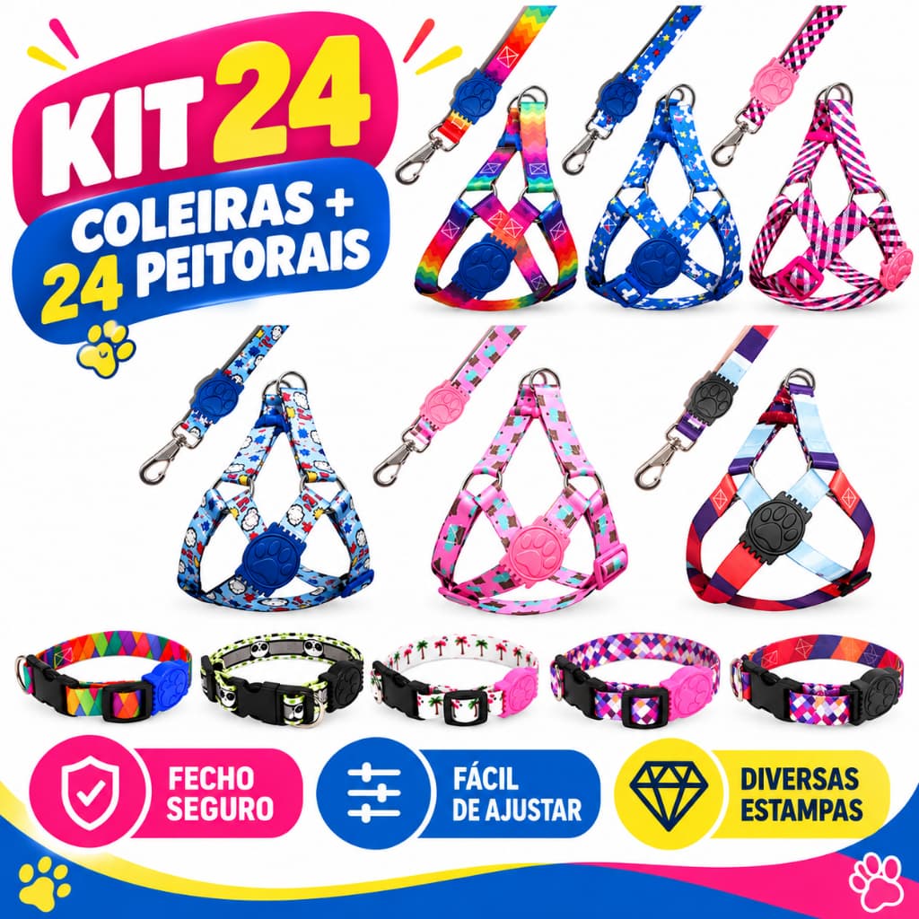 Kit 24 Coleiras e 24 Peitorais com Guias para Cachorros Sortidas Atacado Revenda