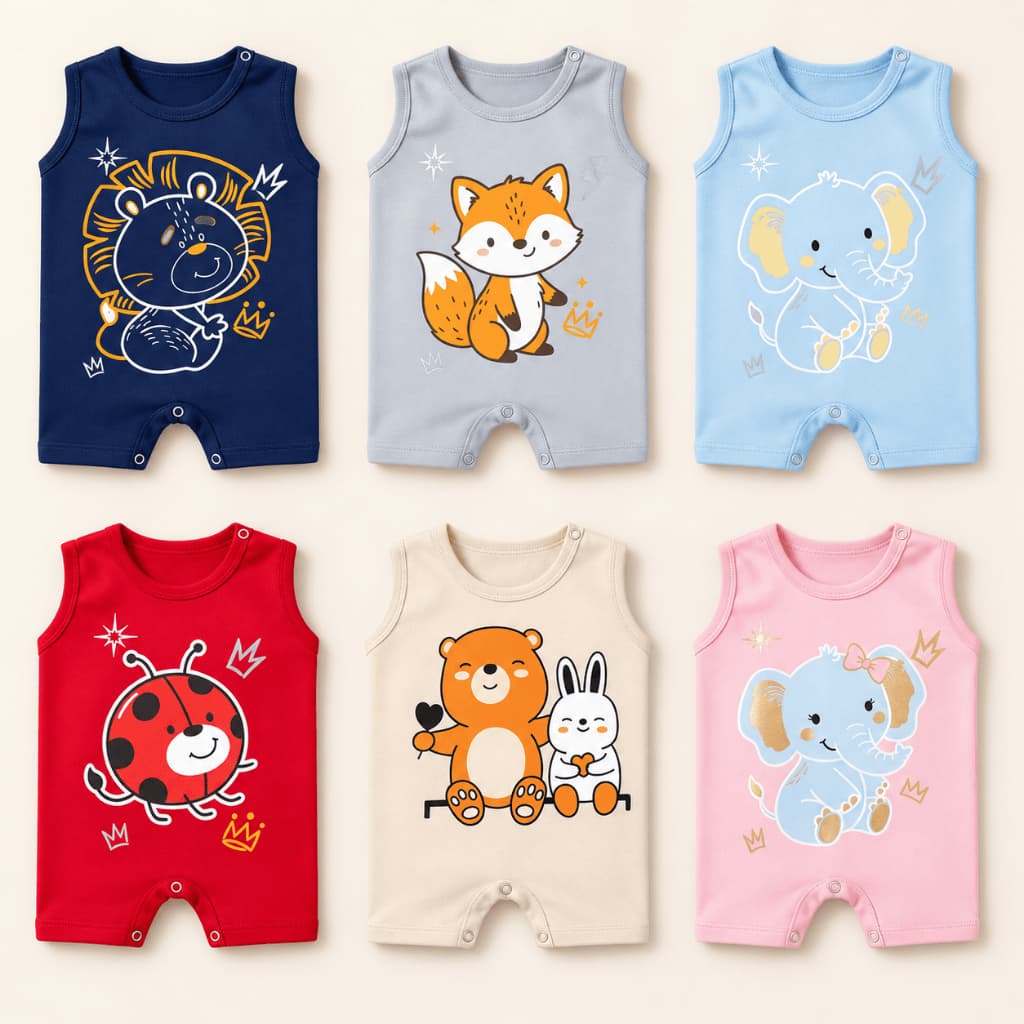 Kit 3 Peças Macacão Curto Verão Banho De Sol Frente e Costas Bebe Bichos Menina E Menino