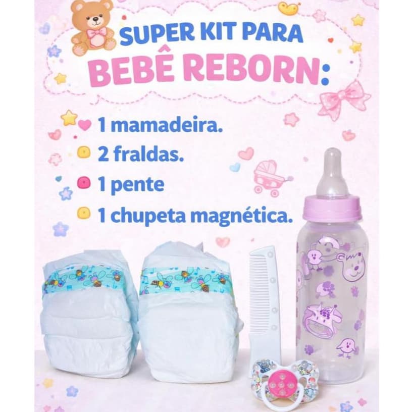Kit Para Bebê Reborn - 2 Fraldas + 1 Pente + 1 Chupeta Magnética + Mamadeira - Oferta