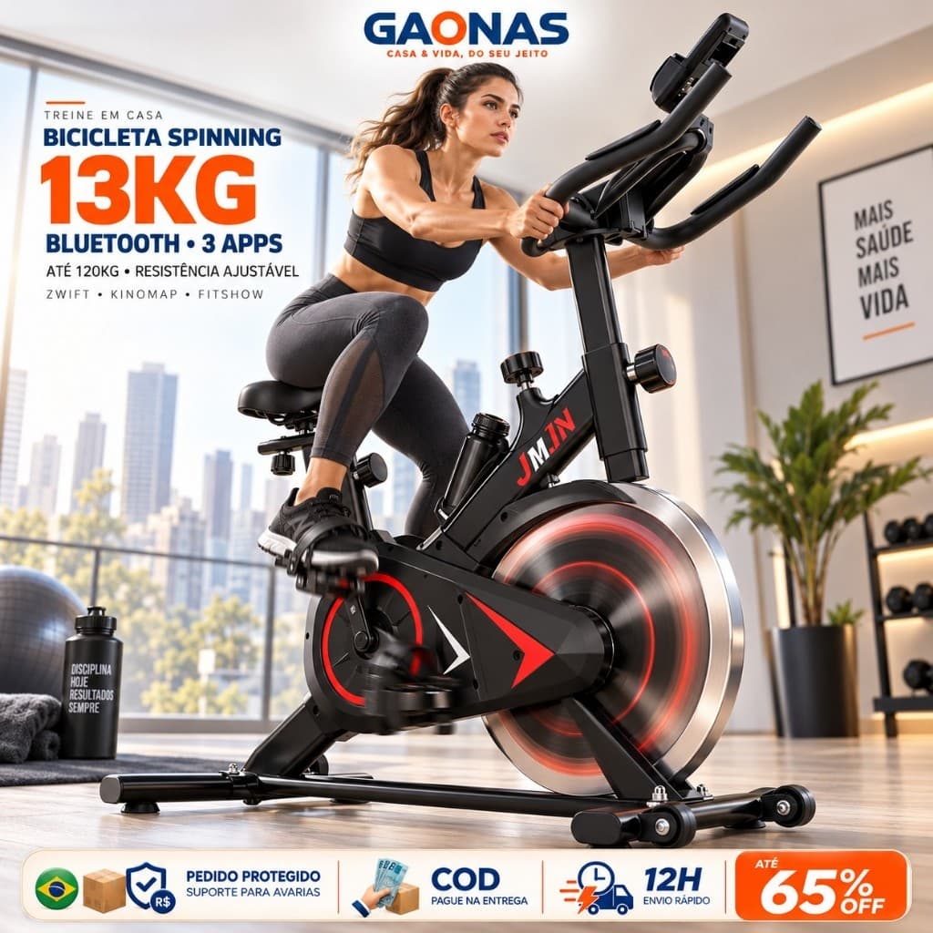 GN-Bicicleta Ergométrica Spinning Bluetooth Volante 13KG Suporta 120KG 3 Apps Resistência Ajustável para Casa