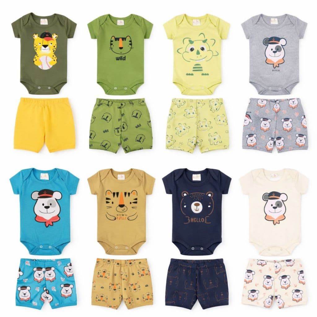 Kit 2 ou 4 Conjunto de Body Bebe Manga Curta Menino + Short Tapa Fralda em Algodão Enxoval Maternidade