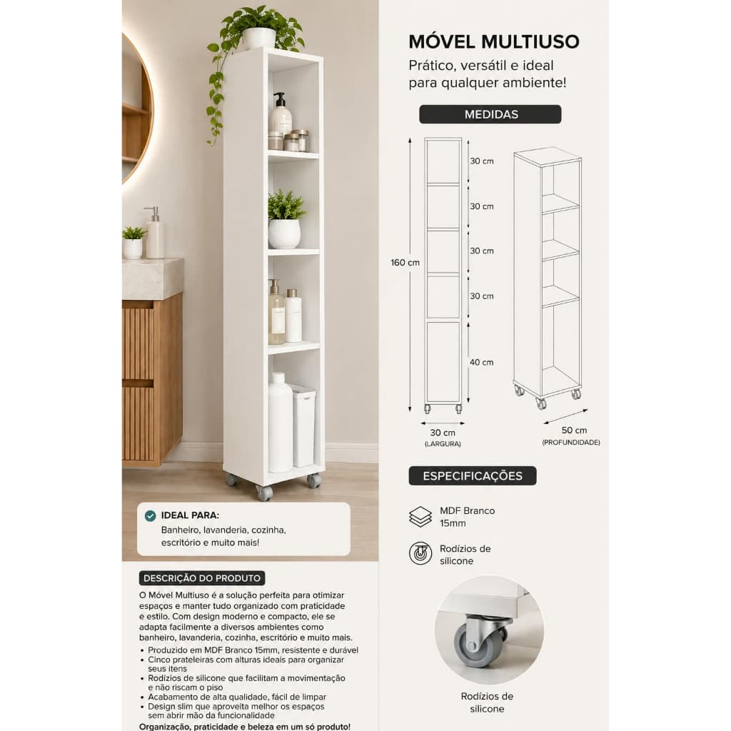 Móvel Multiuso Compacto 5 Prateleiras com Rodízios – Organizador para Cozinha, Banheiro e Lavanderia