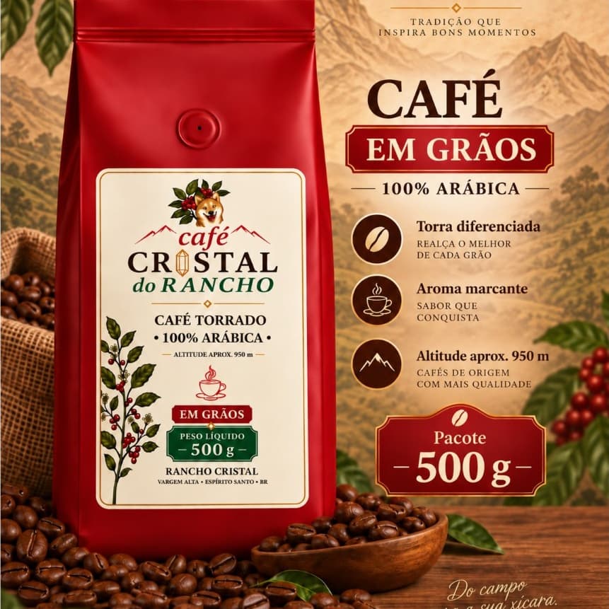 Café Cristal do Rancho em Pó/Moido ou em Grãos - 100% Arábica 500g