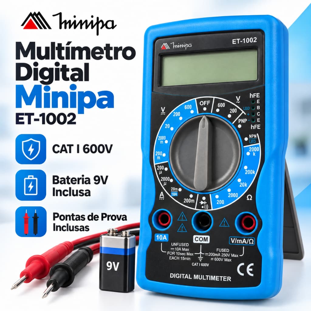 Multímetro Digital Minipa ET-1002 CATI 600V Bateria Pontas de Prova multímetro digital profissional