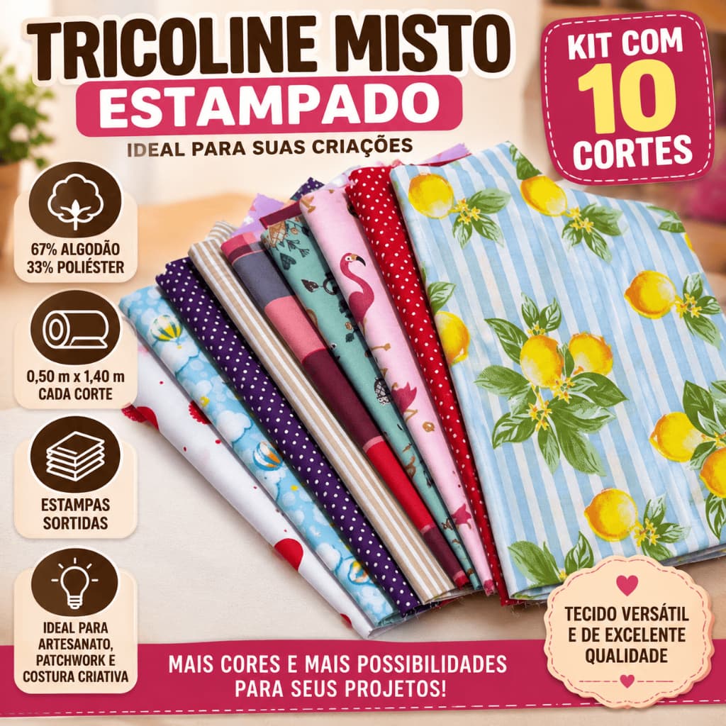 Kit 10 Cortes Tricoline Misto Estampado 50cm x 1,40m – Tecidos Artesanato Patchwork