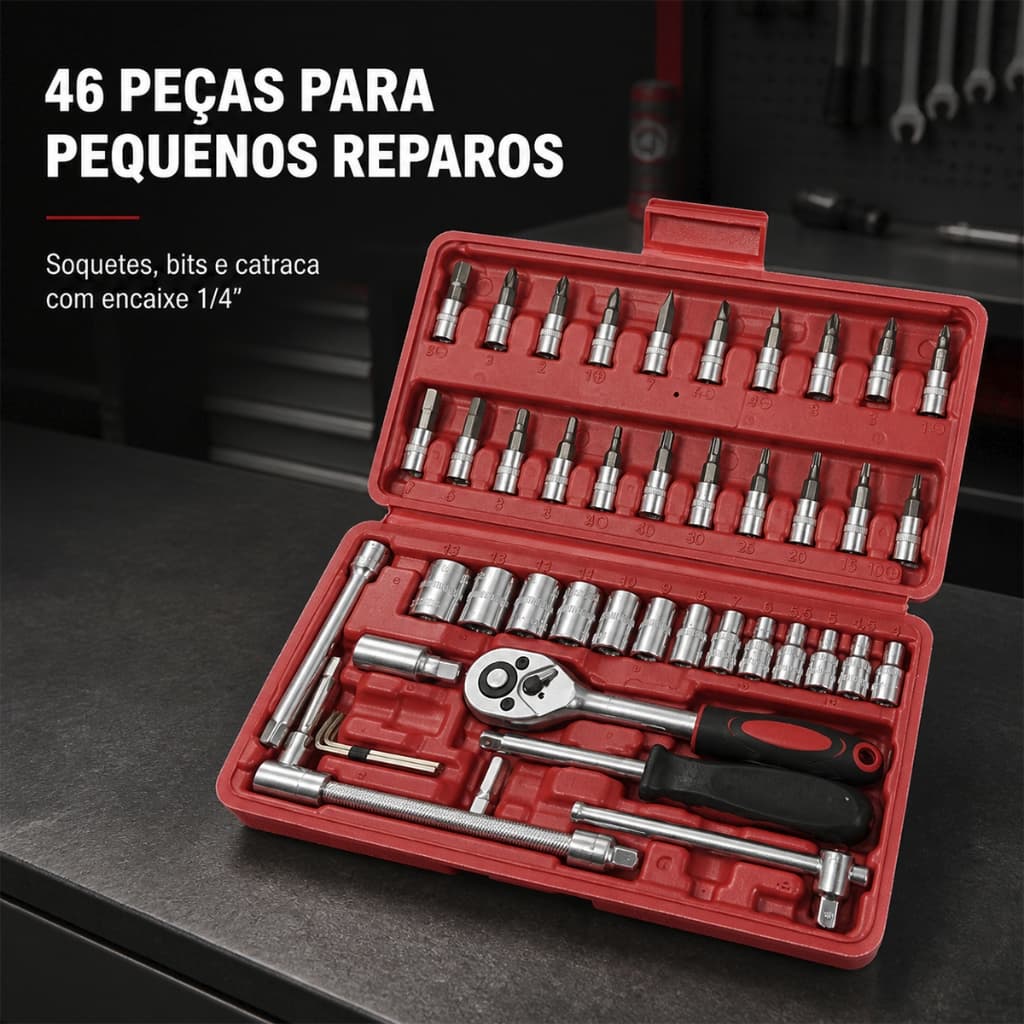 Jogo de Soquetes 46 Peças Catraca Reversível 1/4 Bits Chave Allen Extensão e Maleta Ferramentas para Reparos Carro Moto