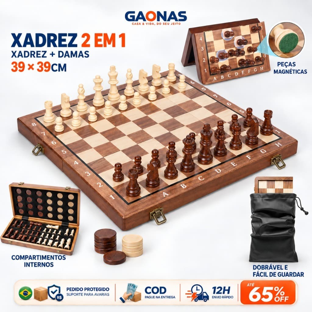 GN-Jogo de Xadrez Magnético Tabuleiro 39cm Madeira Dobrável 2 em 1 com Damas para Adultos Família Viagem Presente Natal