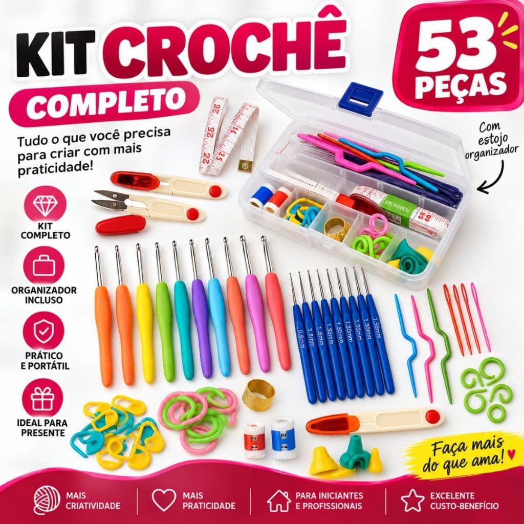 Kit Crochê Completo 53 Peças Amigurumi Com Agulhas Cabo Soft Marcadores Tesoura Estojo