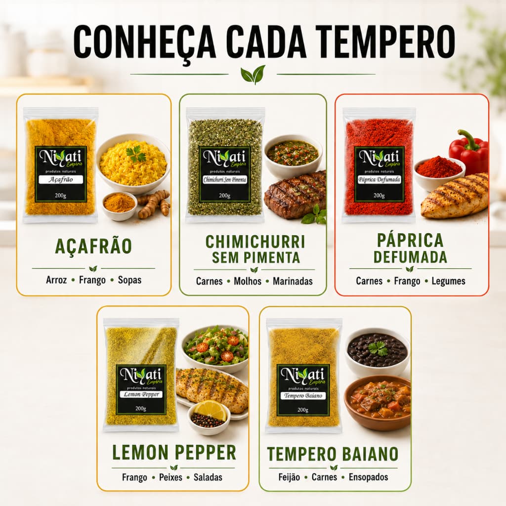 KIT C/5 TEMPEROS 200G CADA (SELETO): AÇAFRÃO, CHIMICHURRI S/ PIMENTA, PÁPRICA DEFUMADA, LEMON PEPPER e TEMPERO BAIANO