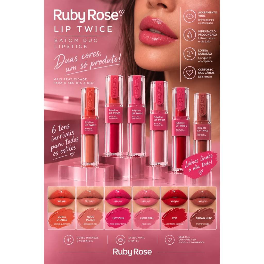 Batom Duo Lip Twice Ruby Rose HB-L6101 - 5,8g  - um lado batom em bala e do outro batom líquido matte, mesma cor.