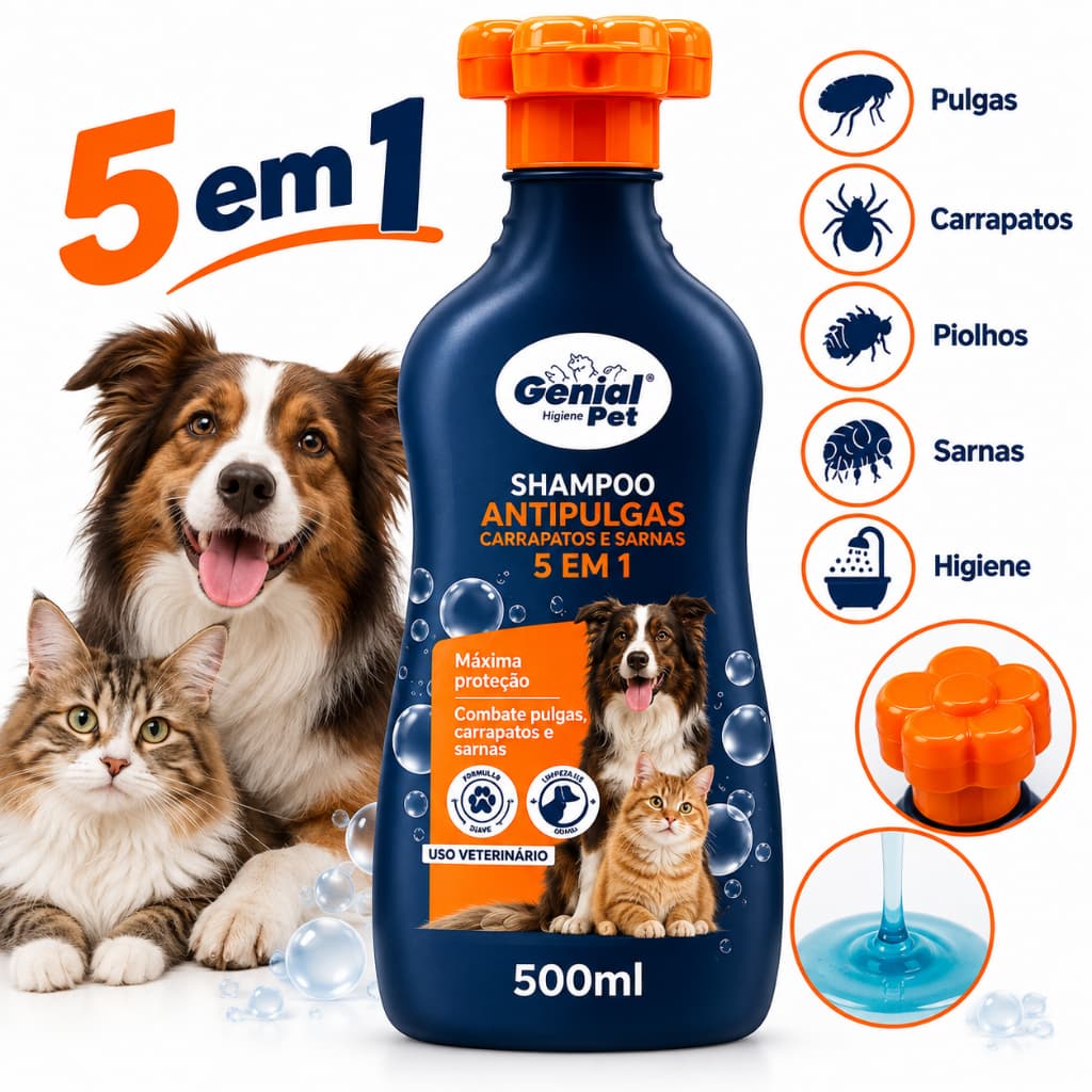Shampoo Antipulgas 5 em 1 Genial Pet 500ml Carrapatos Sarna para Cães