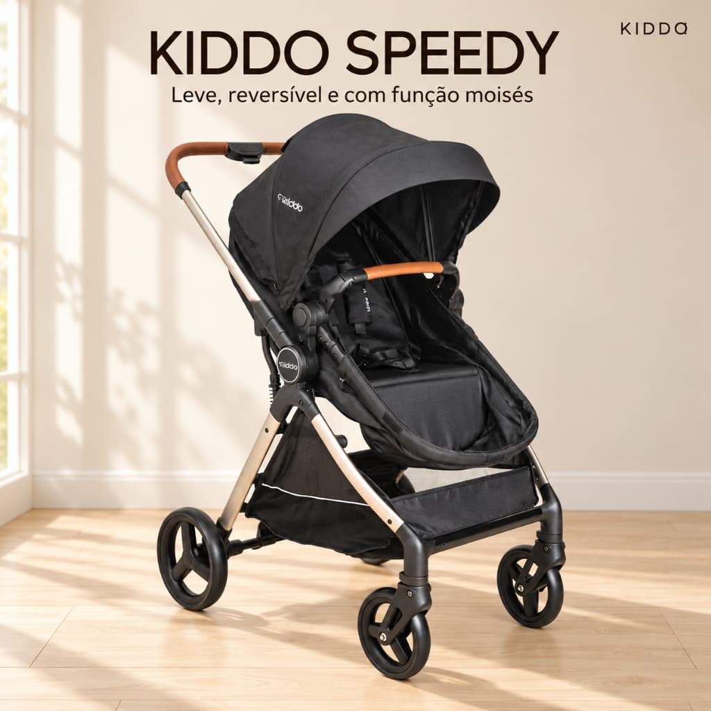 Carrinho de Bebê Kiddo Speedy Leve com Moisés Assento Reversível até 15kg / Bebê conforto/ Base de carro