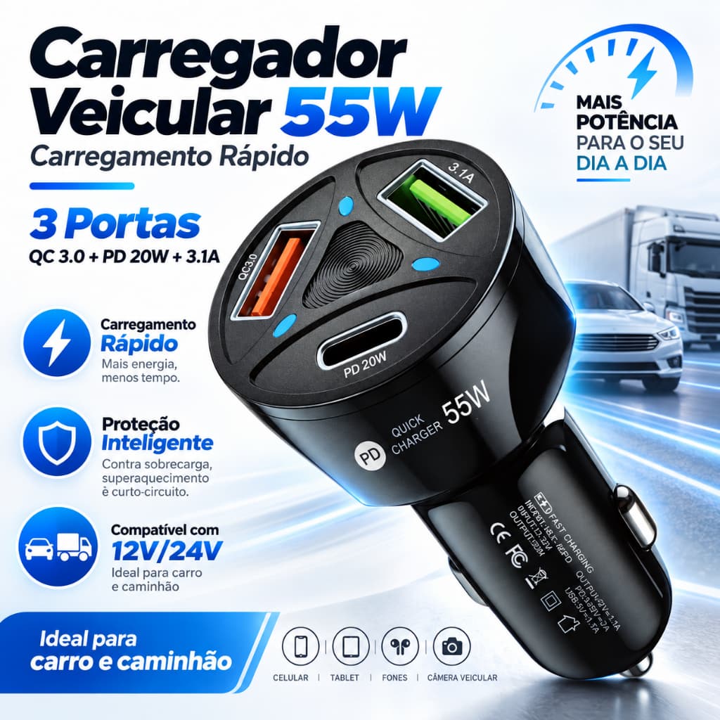 Carregador de Carro Super Rápido 55W 3 Portas Carregador Veicular Turbo Para Celular Universal