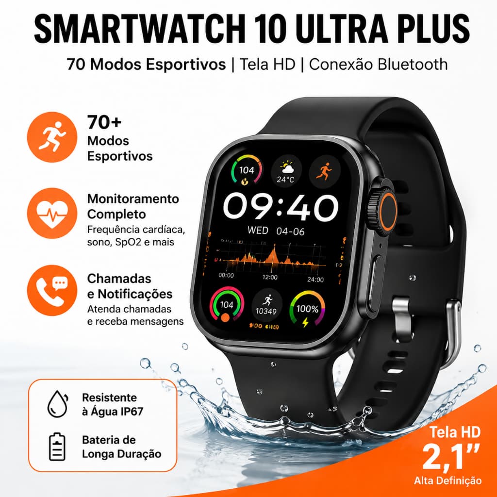 Relógio Smartwatch 10 Ultra Plus Original - Kit com 2 Pulseiras, Tela Grande HD, IP67 e Homologado Anatel