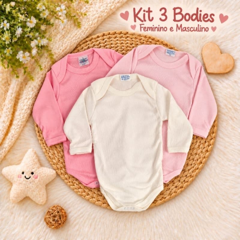 Kit 3 Body Bebê Manga Longa Menino Menina Enxoval bebê kit maternidade