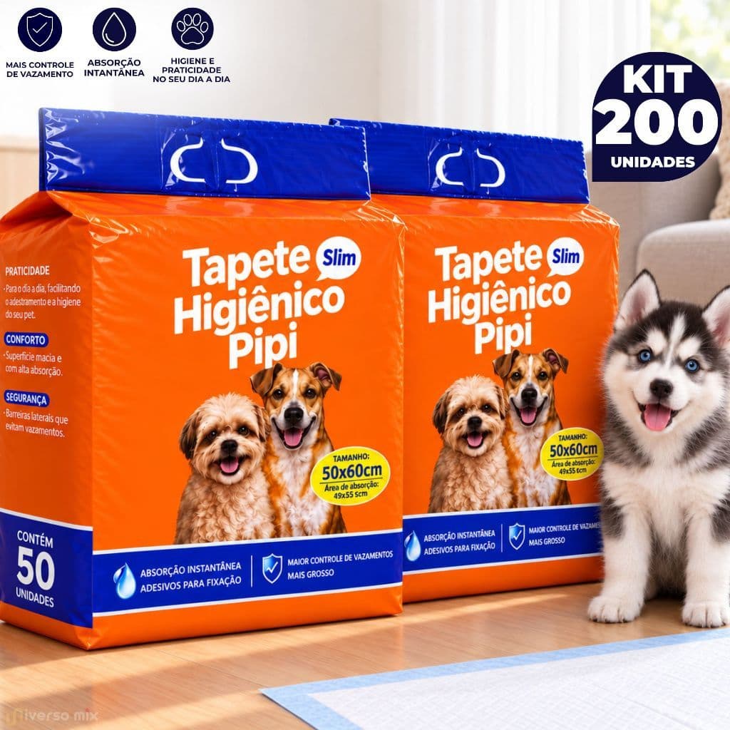Kit 200 Tapetes Higiênico Pet Fralda Descartável Absorvente Cachorro Adulto e Filhote - 50x60 Cm