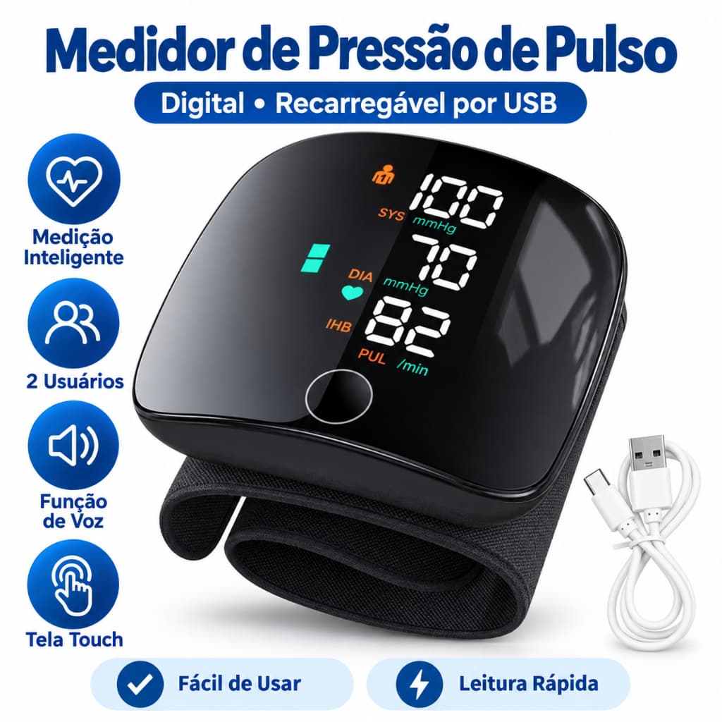 Medidor de Pressão Digital de Pulso LED Automático com Áudio Inteligente Aparelho de Pressão Arterial Portátil para Casa