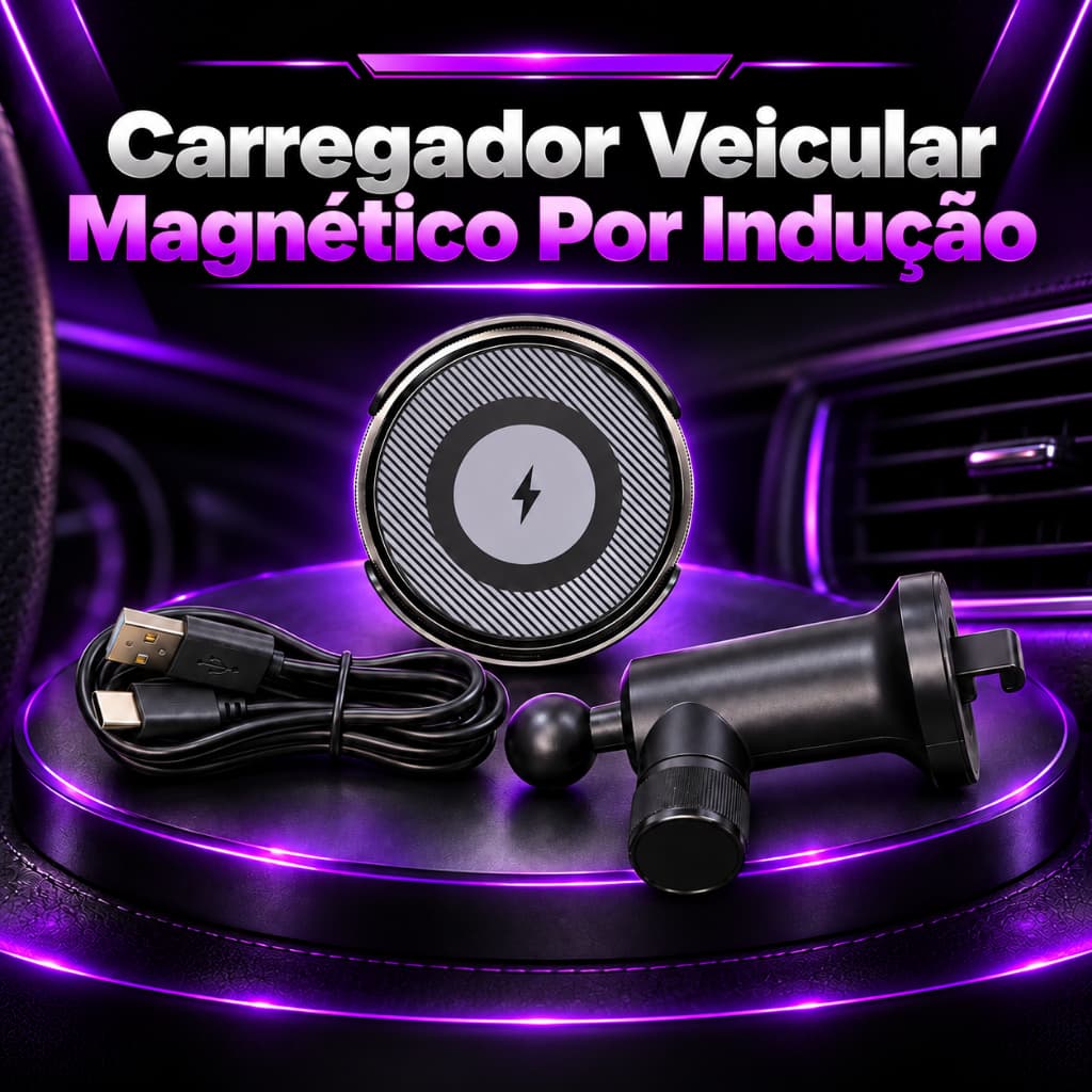 Carregador Veicular Magnético Por Indução 15W Wireless Para Smartphone Rotação 360° USB Type-C Sem Fio Carro Saída De Ar