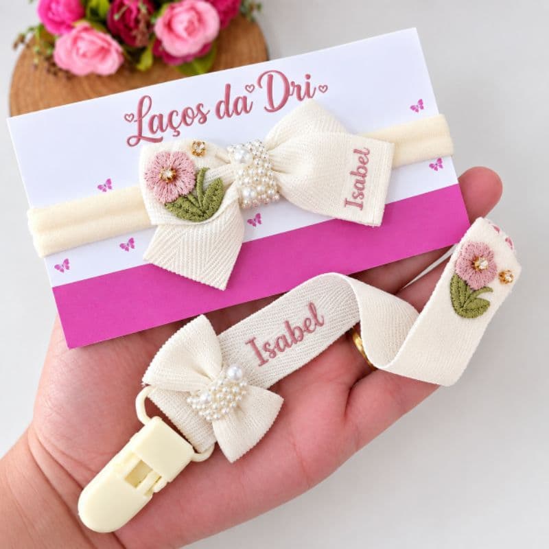 Kit Prendedor de Chupeta Personalizado + Faixinha Bebê com Nome