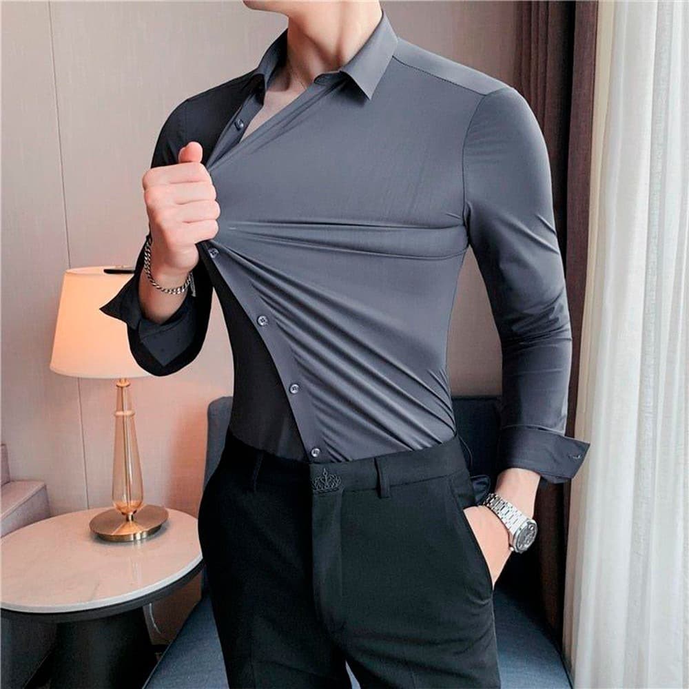 Camisa Social Masculina  Manga Longa Passa Facil Slim Premium Bolso Modelagem Dudalina Cinza Branco Azul Tecnologica
