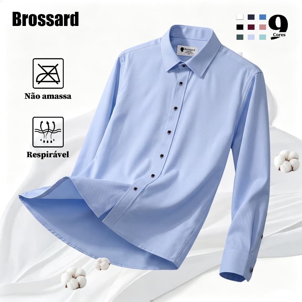 Camisa Social Masculina Brossard Manga Longa Algodão Slim Fit Azul Confortável Respirável Não Amassa