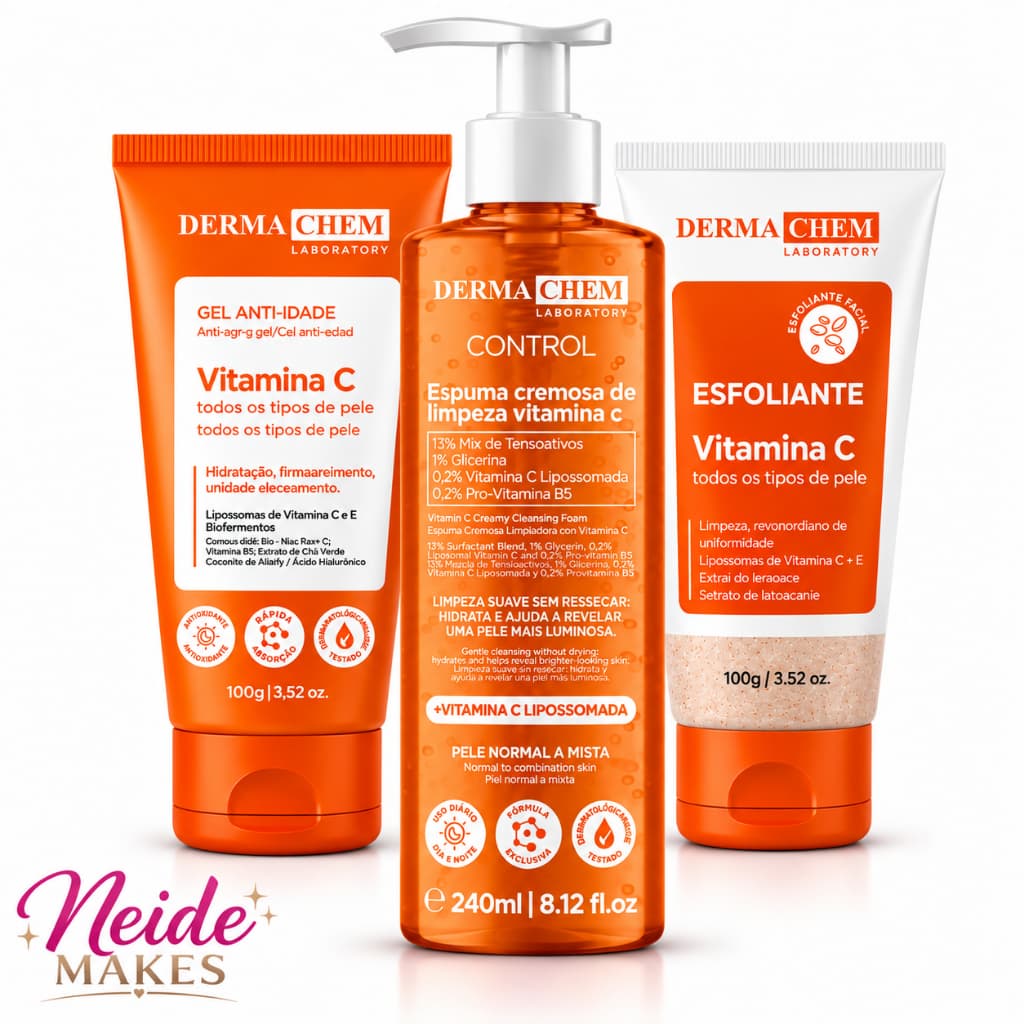 Kit Skincare Vitamina C Derma Chem  Espuma Facial + Gel Anti-Idade + Esfoliante
