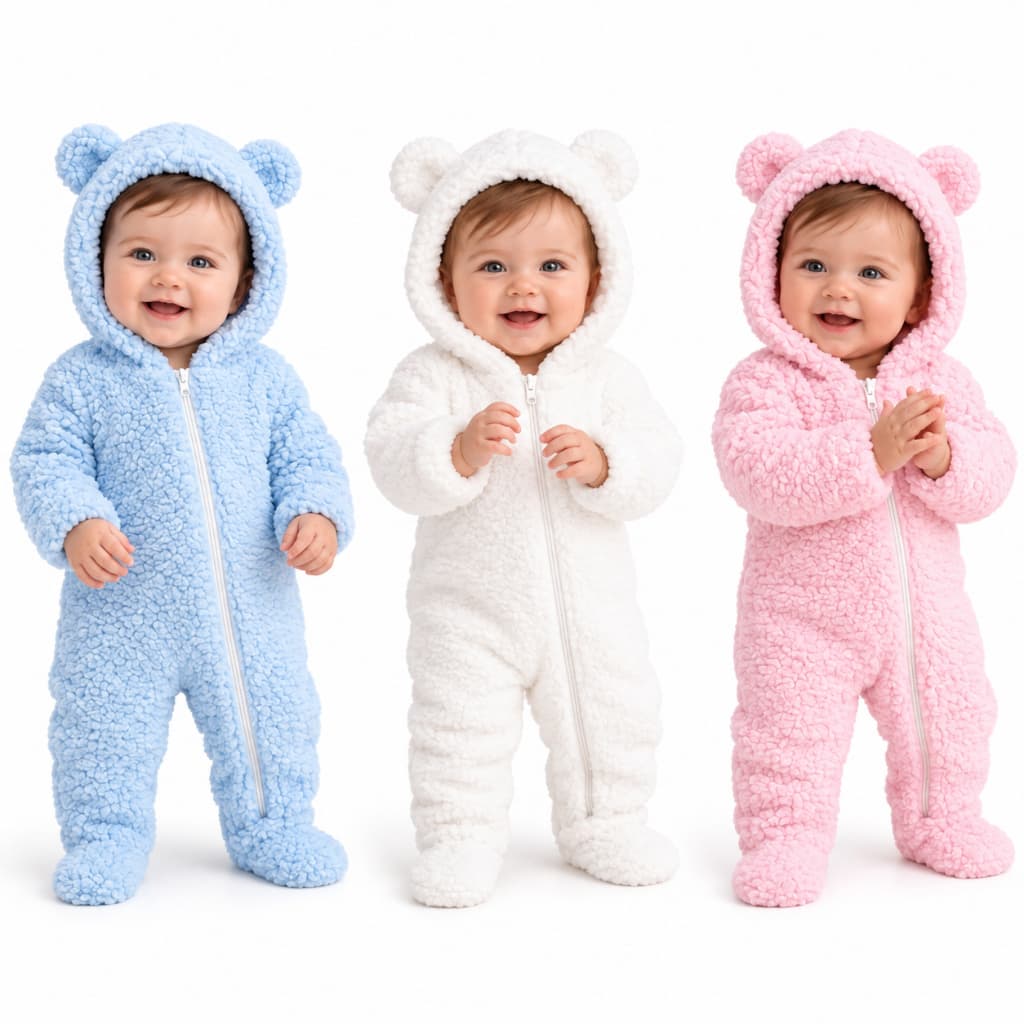 Macacão Roupa Bebê Ovelha Menina Menino Sherpa Peludinho Capuz Zíper 0 a 12 Meses