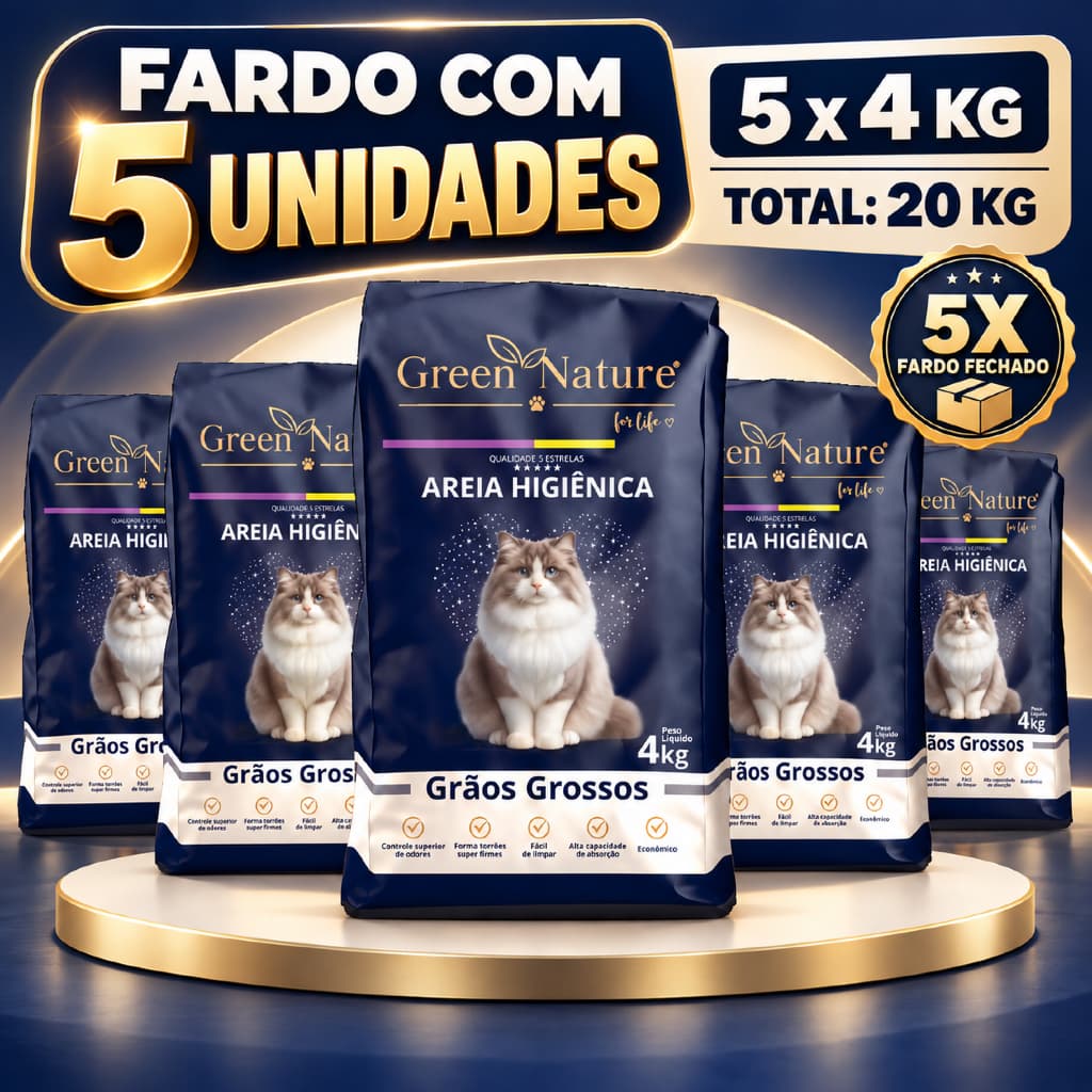 Kit 5 Areia Sanitária Higiênica Mineral para Gatos Grãos Grossos Super Premium 20 kg Green Nature