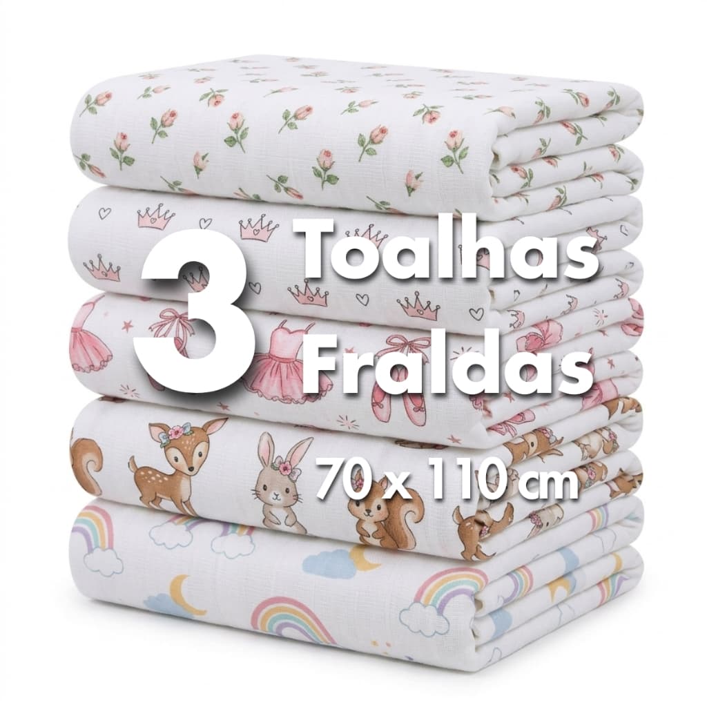 Pacote com 3 Toalhas Fraldas de Pano para Bebês Multiuso Luxo Grande 70cm x 110cm Estampadas Comum Recém-Nascido Grosso
