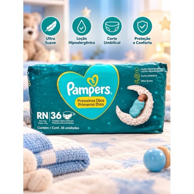 Fralda Pampers Primeiros Dias RN – 36 Unidades | Ultra Suave com Corte Umbilical