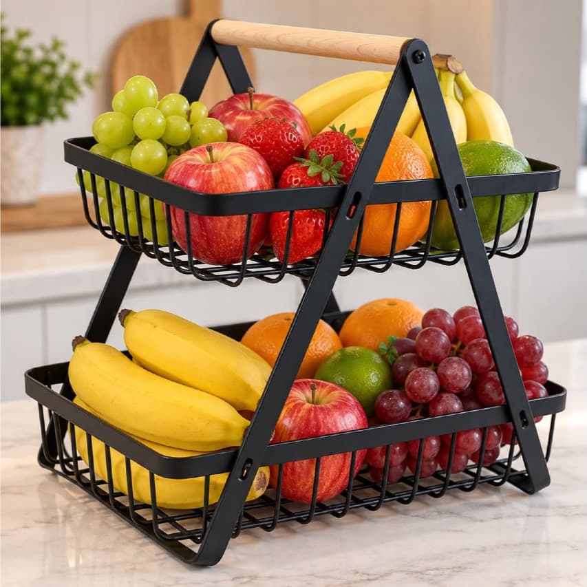 Fruteira De Mesa Compartimento Duplo Ou Cesto Multi uso De Metal Portátil Organizador Para Cozinha