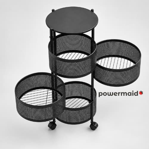 Carrinho Organizador Multiuso Giratório 4 Prateleiras com Rodinhas Cozinha Banheiro Lavanderia Preto Powermaid