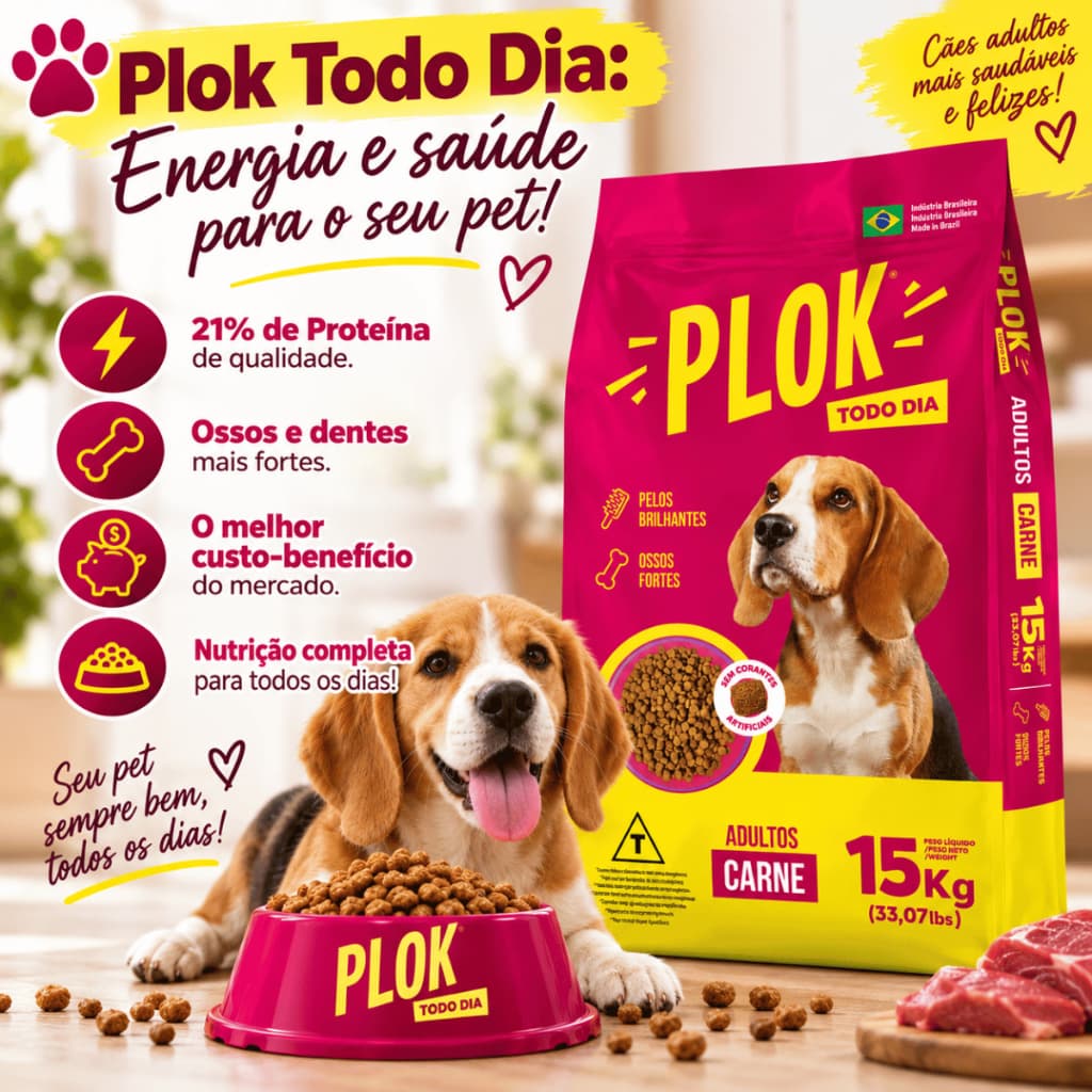 Ração Plok Todo Dia 15kg 7kg Sabor Carne Alimento Completo para Cão Cachorro Adulto Envio Imediato!!
