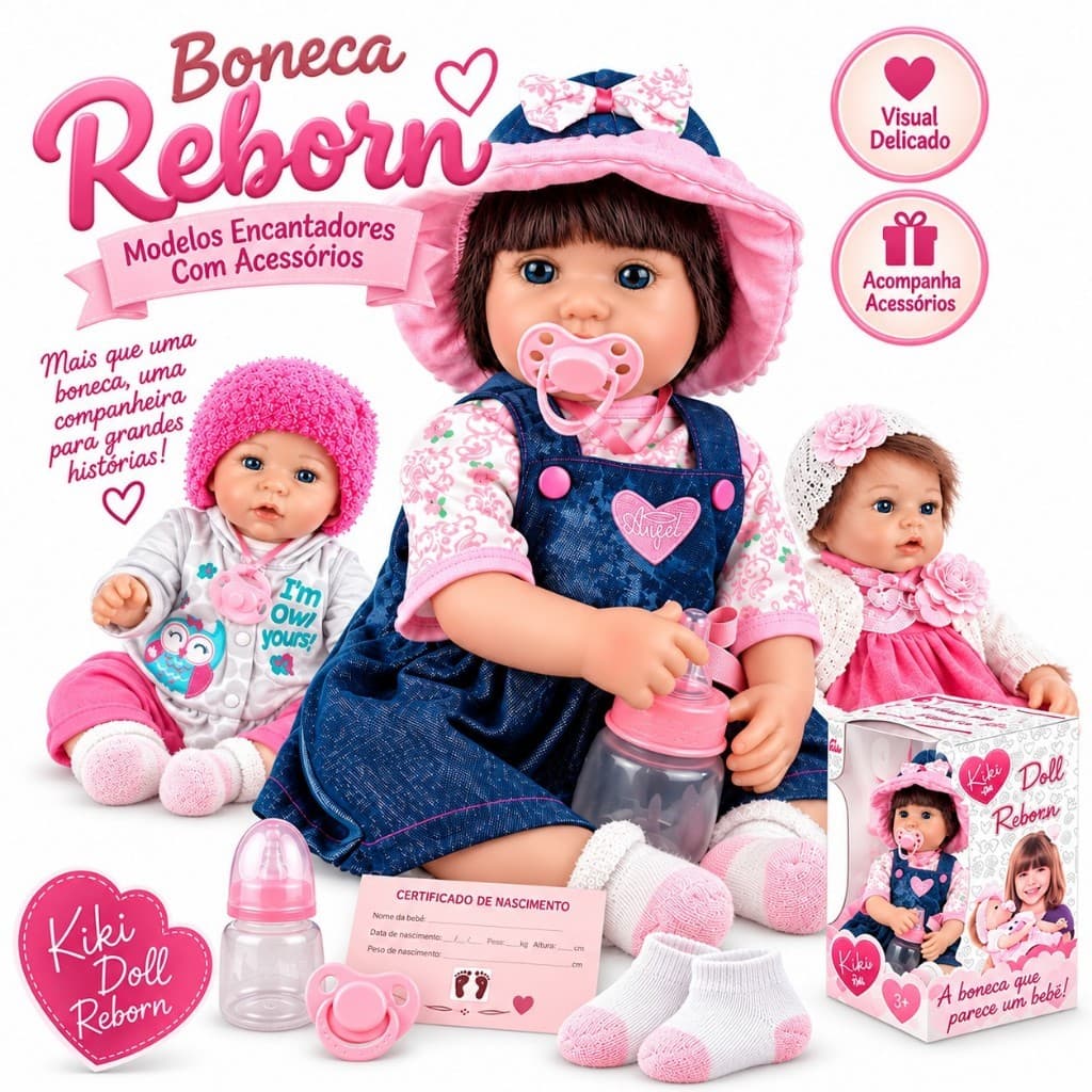 Boneca Kiki E Kikita Reborn 50 Cm Em Vinil Articulada Com Acessórios Para Meninas Fênix Brinquedos