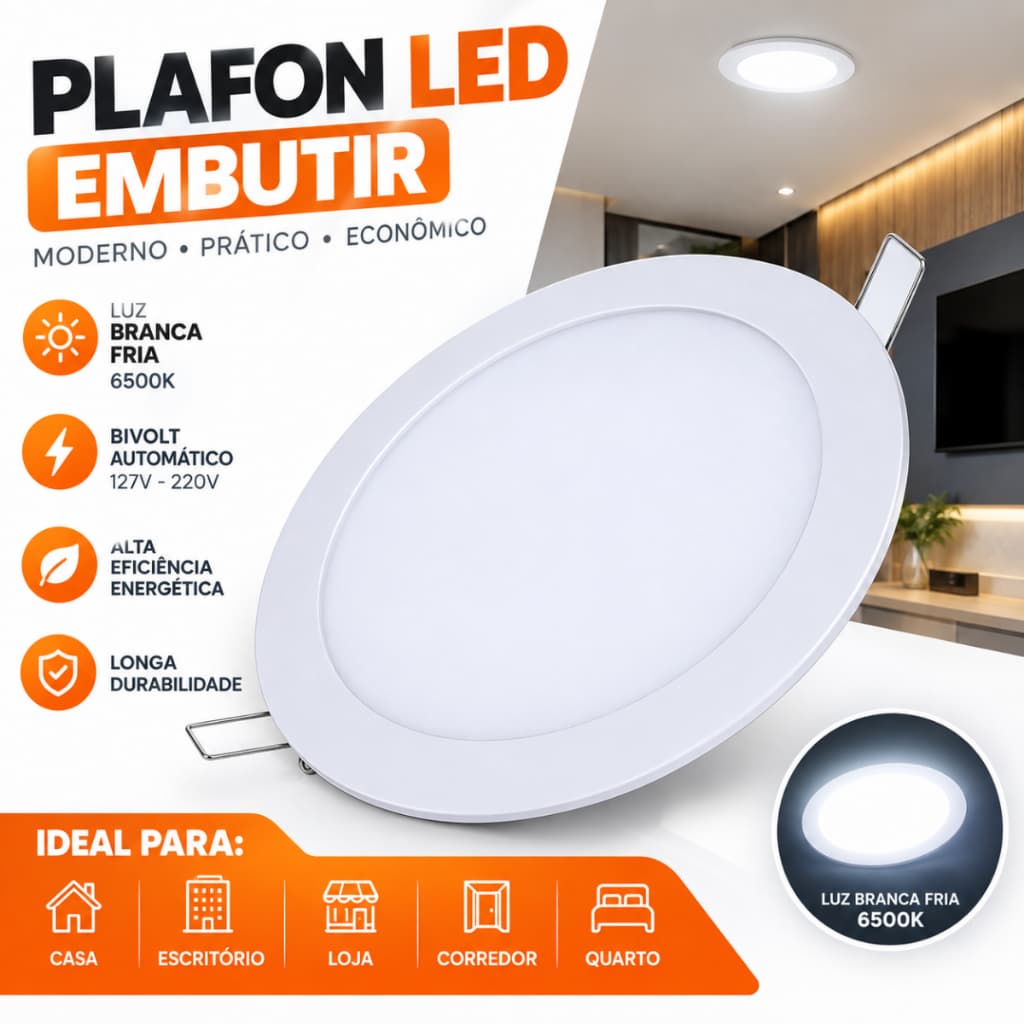 Plafon LED Embutir Redondo Ultra Slim Luz Branca Fria 6500K Bivolt Luminária Teto Spot LED Residencial Sala Quarto Cozin