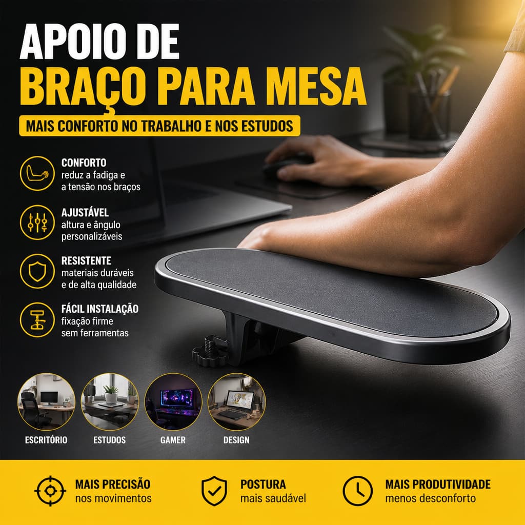 Apoio Ergonômico de Braço para Mesa Computador Notebook Antebraço Gamer Fixação Sem Furar Giratório Preto