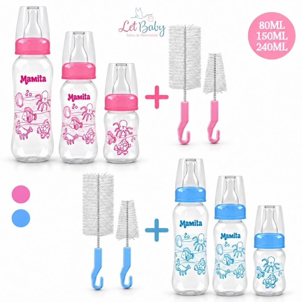 Kit 3 Mamadeiras Chuquinha Mamita Azul ou Rosa para Bebê Menina e Menino com 2 Escovas