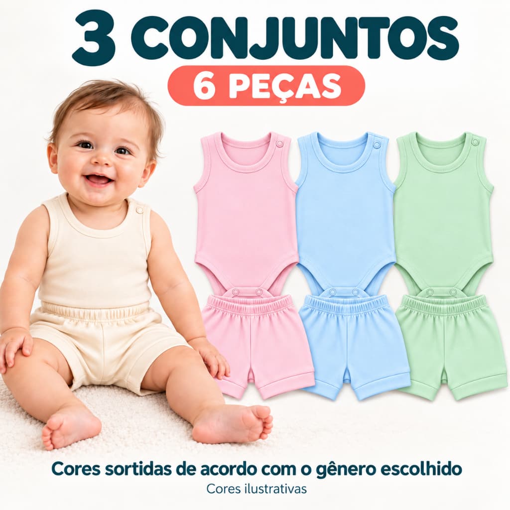 Kit 3 Conjuntos Bebê Body Regata Short 100% Algodão Menino Menina Shortinho Conjuntinho Roupa Roupinha