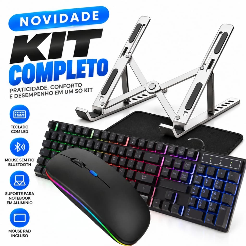 Kit Teclado C/ Fio + Mouse Bluetooth sem fio e suporte para notebook aluminio