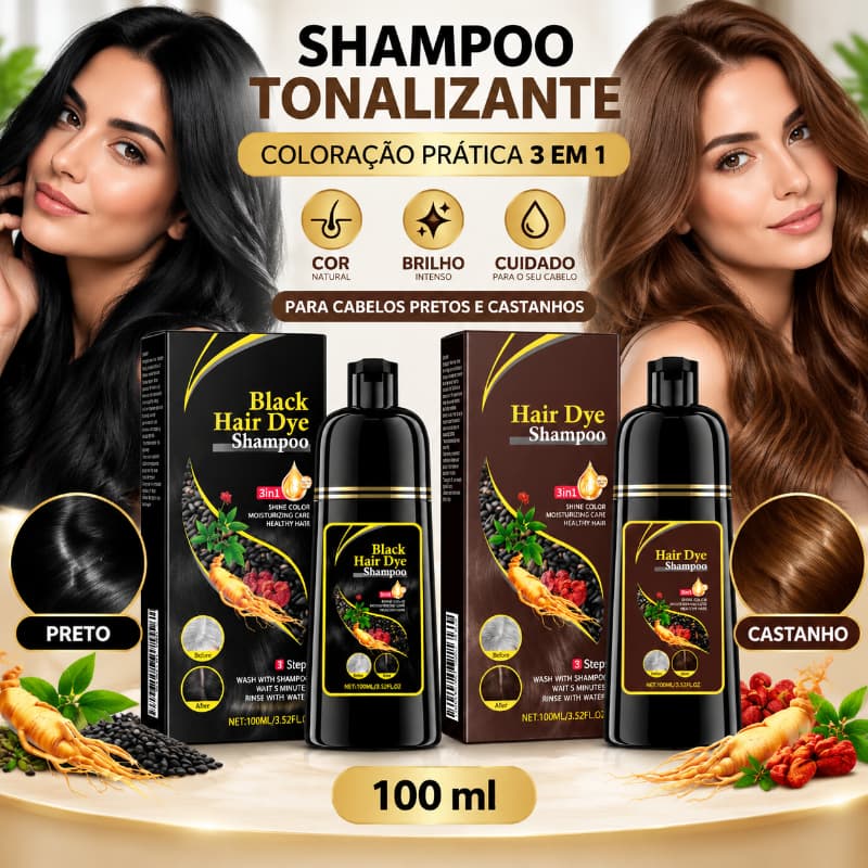Shampoo Tonalizante 3 em 1 Preto ou Castanho 100ml, Tintura Capilar Cobre Fios Brancos
