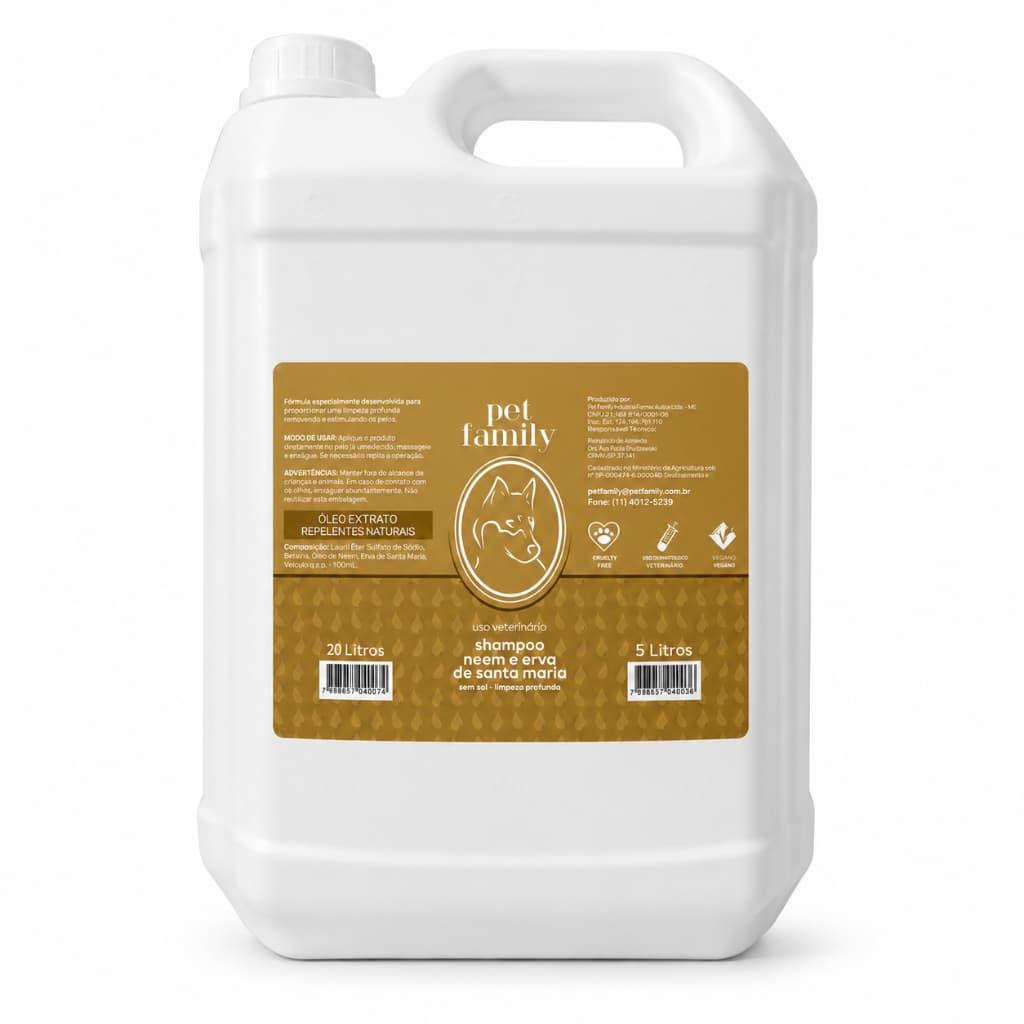 Shampoo Pet Neem e Erva de Santa Maria Vegano Para Cães e Gatos Galão 5L Diluição 1:2 Pet Family