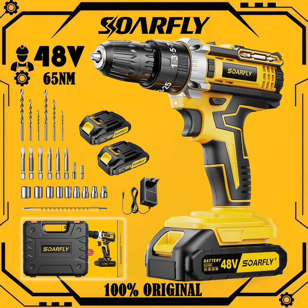 SOARFLY 48V Drill Driver with 2 Batteries and Case and Complete Accessories